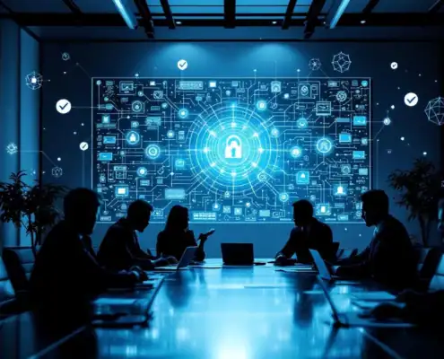 it-security-audit-consultatie-kantoor-professionals.jpg - Hoek en Blok.IT - Hoek en Blok.IT Zakelijke professionals bespreken IT-beveiligingsaudit rond conferentietafel met digitaal netwerkscherm op achtergrond
