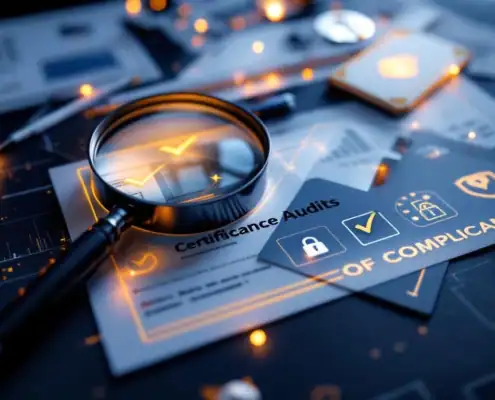 Vergrootglas over auditdocumenten en certificaten op modern bureau, met compliance symbolen en vinkjes zichtbaar