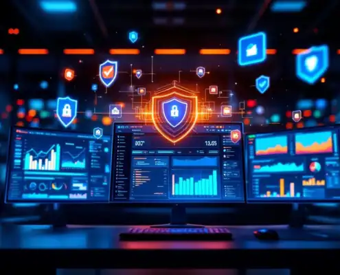 compliance-monitoring-dashboard-realtime-kantoorjpg - Hoek en Blok.IT - Hoek en Blok.IT Modern kantoor met compliance dashboards op meerdere monitoren, holografische beveiligingssymbolen en gloeiende statusindicatoren