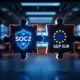 Twee puzzelstukken met SOC2 compliance schild en GDPR symbolen die samensmelten in moderne kantooromgeving