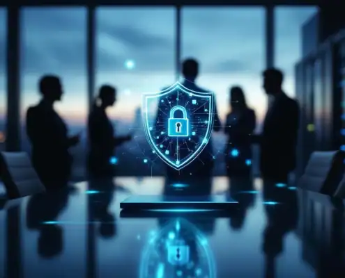 cybersecurity-kantoor-digitale-beveiliging-shieldjpg - Hoek en Blok.IT - Hoek en Blok.IT Gloeiend digitaal beveiligingsschild boven vergadertafel in modern kantoor met zakenmensen op achtergrond