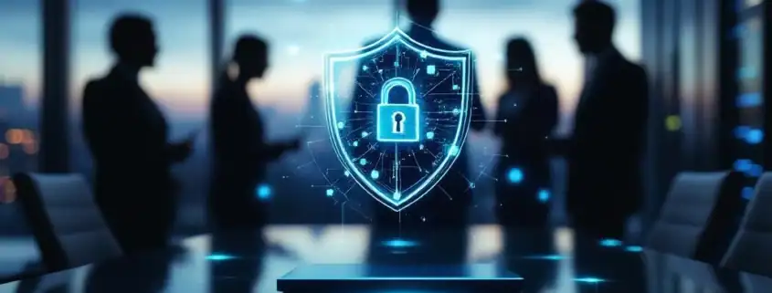 cybersecurity-kantoor-digitale-beveiliging-shieldjpg - Hoek en Blok.IT Gloeiend digitaal beveiligingsschild boven vergadertafel in modern kantoor met zakenmensen op achtergrond