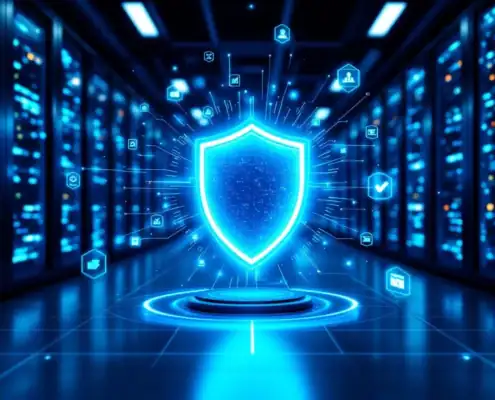Holografisch cybersecurity schild in moderne serverruimte met blauwe verlichting en compliance iconen