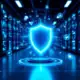 Holografisch cybersecurity schild in moderne serverruimte met blauwe verlichting en compliance iconen
