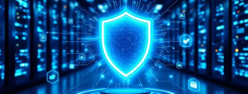 Holografisch cybersecurity schild in moderne serverruimte met blauwe verlichting en compliance iconen