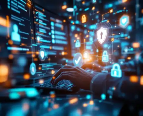 cybersecurity-audit-dashboard-compliance-monitoringjpg - Hoek en Blok.IT - Hoek en Blok.IT Professionele handen typen op toetsenbord met digitale compliance dashboard en beveiligingsiconen op monitoren