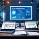 Moderne conferentieruimte met ISAE 3402 compliance training materialen, laptops met audit dashboards en certificeringsdocumenten