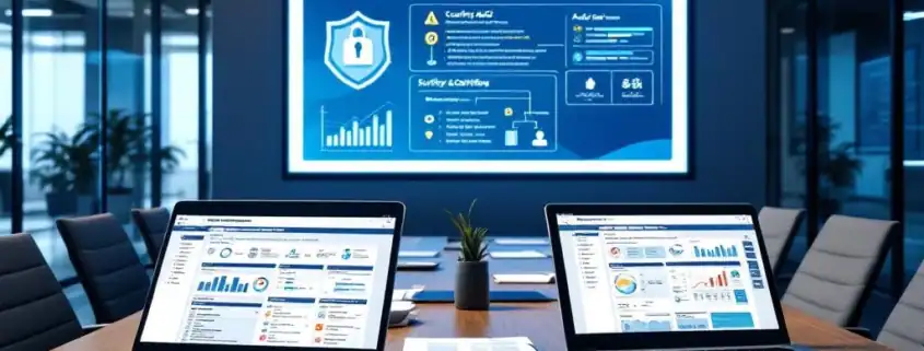 Moderne conferentieruimte met ISAE 3402 compliance training materialen, laptops met audit dashboards en certificeringsdocumenten