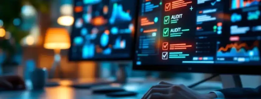 Computermonitor toont digitale auditchecklist met rode waarschuwingen die veranderen in groene vinkjes tijdens IT-audit