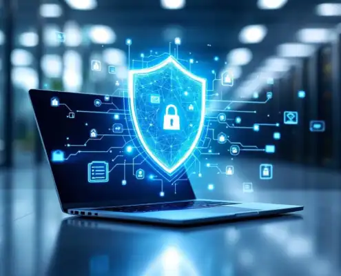 soc2-compliance-beveiliging-audit-kantoorjpg - Hoek en Blok.IT - Hoek en Blok.IT Laptop met digitaal beveiligingsschild hologram en SOC 2 compliance iconen in moderne kantooromgeving