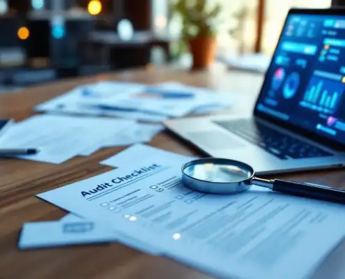 audit-checklist-compliance-kantoor-bureaujpg - Hoek en Blok.IT - Hoek en Blok.IT Modern kantoorbureau met laptop met auditchecklists, certificeringspapieren en vergrootglas voor kwaliteitscontrole