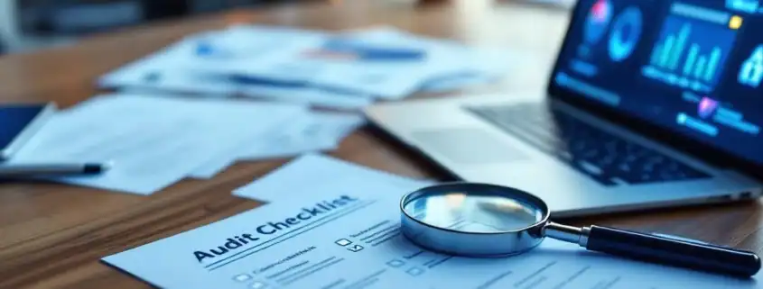 audit-checklist-compliance-kantoor-bureaujpg - Hoek en Blok.IT Modern kantoorbureau met laptop met auditchecklists, certificeringspapieren en vergrootglas voor kwaliteitscontrole