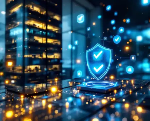 Modern glazen kantoorgebouw met verlichte ramen, zwevende digitale auditchecklist en beveiligingsschilden in blauw-zilver