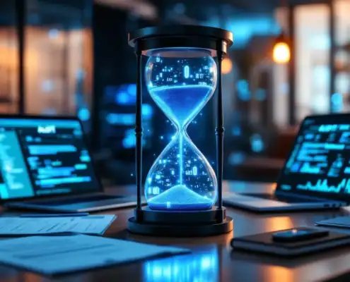 compliance-audit-tijd-hourglass-digitale-datajpg - Hoek en Blok.IT - Hoek en Blok.IT Elegante zandloper gevuld met digitale datastromen op bureau met auditdocumenten en laptop in professionele kantooromgeving