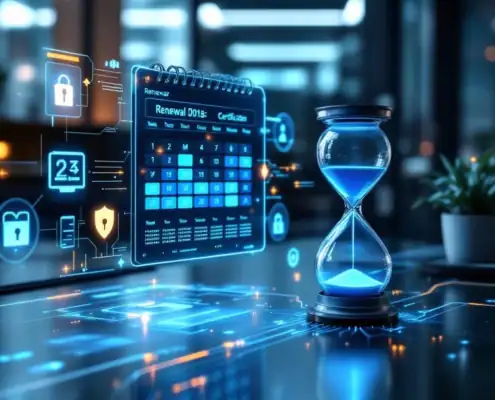 compliance-certificering-vernieuwing-kantoor-bureaujpg - Hoek en Blok.IT - Hoek en Blok.IT Modern kantoorbureau met digitale kalender, holografische compliance documenten en gloeiende zandloper in blauw-zilver design