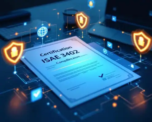 ISAE 3402 certificeringsdocumenten op professioneel bureau met laptop die compliance dashboards toont en digitale beveiligingselementen