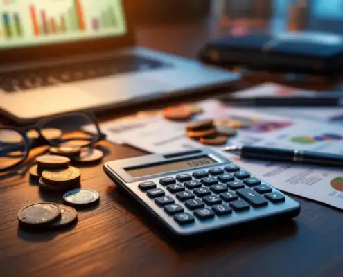 isae-3402-kosten-evaluatie-calculator-financieeljpg - Hoek en Blok.IT - Hoek en Blok.IT Moderne rekenmachine met financiële cijfers omringd door eurobiljetten en munten op houten bureau tijdens audit