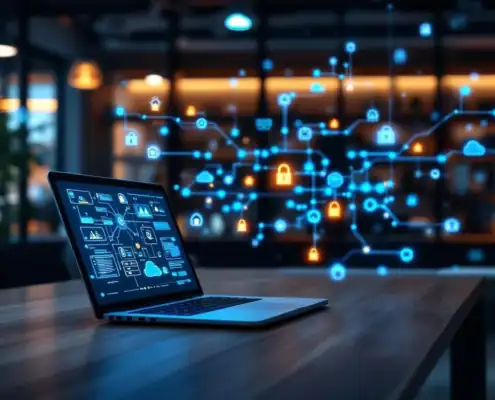 it-audit-compliance-kantoor-netwerk-beveiligingjpg - Hoek en Blok.IT - Hoek en Blok.IT Moderne kantooromgeving met laptop die IT-auditcompliance toont en digitaal scherm met netwerkdiagrammen op achtergrond