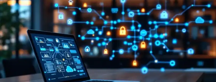 Moderne kantooromgeving met laptop die IT-auditcompliance toont en digitaal scherm met netwerkdiagrammen op achtergrond