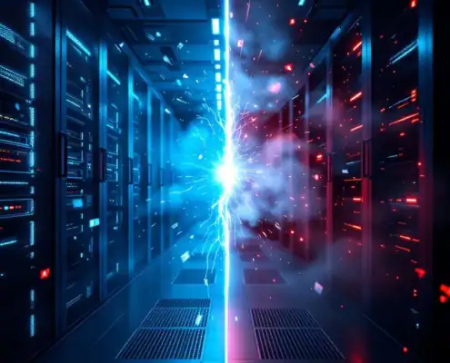 cybersecurity-server-beveiliging-risico-contrastjpg - Hoek en Blok.IT - Hoek en Blok.IT Split-screen serverruimte toont beveiligde IT-omgeving met blauwe verlichting tegenover chaotische systeemstoring met rode waarschuwingen