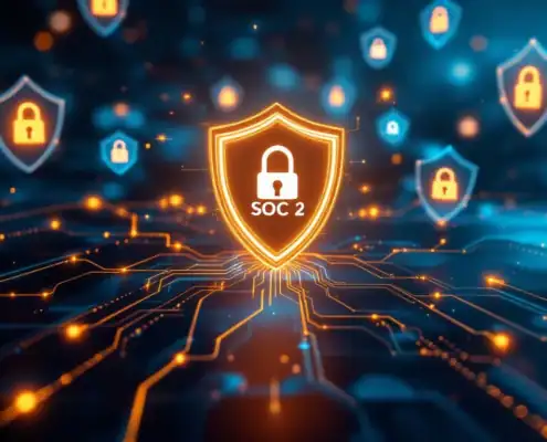 soc-2-certificering-digitale-beveiliging-fortressjpg - Hoek en Blok.IT - Hoek en Blok.IT SOC 2 certificeringsbadge met gloeiende cybersecurity iconen en geometrische schilden in blauw-groen gradient