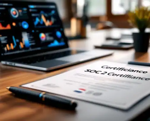 soc2-compliance-certificaat-nederland-bureaujpg - Hoek en Blok.IT - Hoek en Blok.IT SOC 2 compliance certificaat op moderne directiebureau met laptop, pen en Nederlandse accenten in warm natuurlijk licht