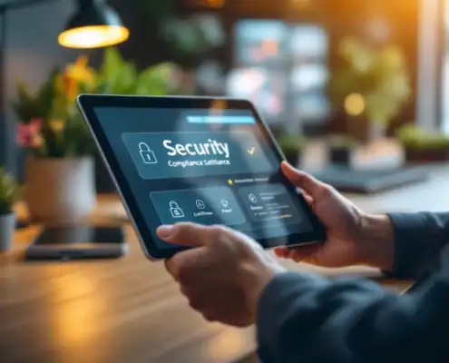 soc-2-compliance-kleine-bedrijven-tablet-certificatenjpg - Hoek en Blok.IT - Hoek en Blok.IT Handen van ondernemer met tablet die SOC 2 compliance certificaten toont op modern kantoorbureau