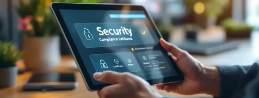 Handen van ondernemer met tablet die SOC 2 compliance certificaten toont op modern kantoorbureau