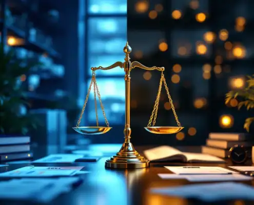 soc2-vs-isae3402-audit-compliance-vergelijkingjpg - Hoek en Blok.IT - Hoek en Blok.IT Gouden weegschaal tussen Europese ISAE 3402 audit documentatie en Amerikaanse SOC 2 compliance materialen in kantooromgeving