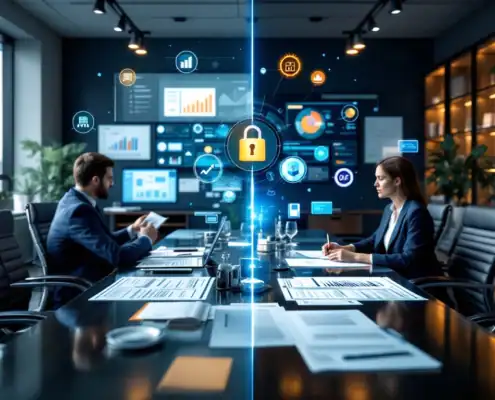 interne-externe-audit-vergelijking-kantoorjpg - Hoek en Blok.IT - Hoek en Blok.IT Split-screen vergelijking interne auditor aan bureau met dashboards en externe auditfirma vergaderruimte met rapporten