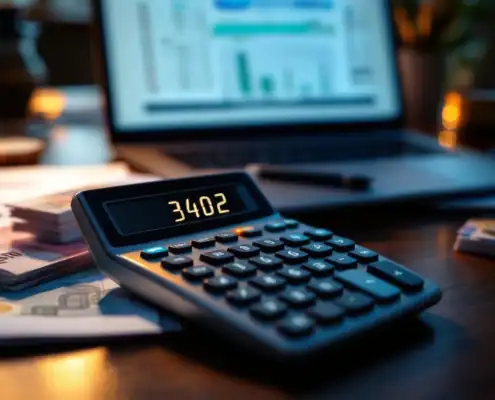 it-audit-calculator-financiele-controle-spreadsheetjpg - Hoek en Blok.IT - Hoek en Blok.IT Professionele rekenmachine toont "3402" op bureau met eurobiljetten, auditdocumenten en laptop met spreadsheet op achtergrond