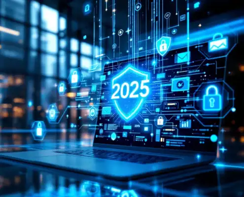 cybersecurity-compliance-audit-kantoor-2025jpg - Hoek en Blok.IT - Hoek en Blok.IT Modern glazen kantoorgebouw met digitale beveiligingsschermen, laptop met auditgrafieken en holografische datastromen 2025