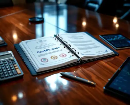 compliance-audit-boardroom-certificering-toolsjpg - Hoek en Blok.IT - Hoek en Blok.IT Bedrijfsbestuurskamer met open compliance-map, audittools, calculator en digitale tablet op mahonie tafel