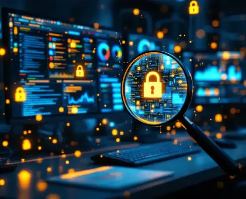 cybersecurity-audit-dashboard-monitoring-workstationjpg - Hoek en Blok.IT - Hoek en Blok.IT Moderne computerworkstation met beveiligingsdashboards, vergrootglas over digitale code en IT-infrastructuur monitoring