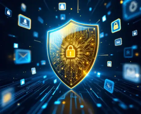 cybersecurity-gouden-schild-digitale-certificatenjpg - Hoek en Blok.IT - Hoek en Blok.IT Gouden schild met circuitpatronen omringd door zwevende digitale certificaten op donkerblauwe achtergrond