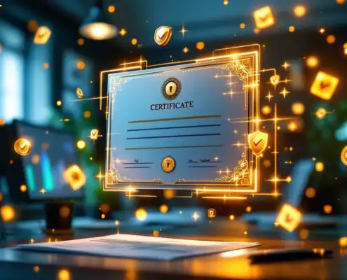 digitaal-certificaat-beveiliging-verificatie-goudjpg - Hoek en Blok.IT - Hoek en Blok.IT Digitaal certificaat met gouden beveiligingsschilden en vinkjes, omringd door blauwe datastromen in professionele kantooromgeving