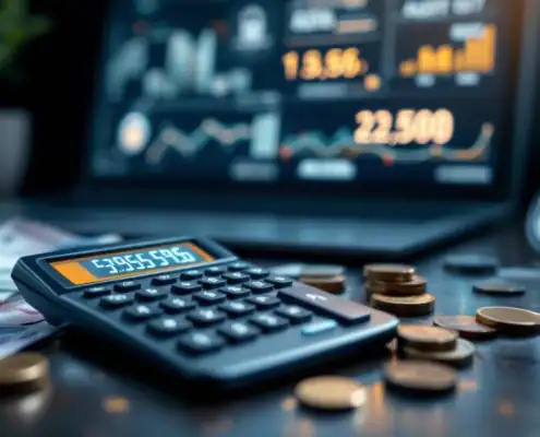 it-audit-kosten-calculator-financiele-planningjpg - Hoek en Blok.IT - Hoek en Blok.IT Calculator met financiële cijfers omgeven door eurobankbiljetten op donker houten bureau met laptop op achtergrond