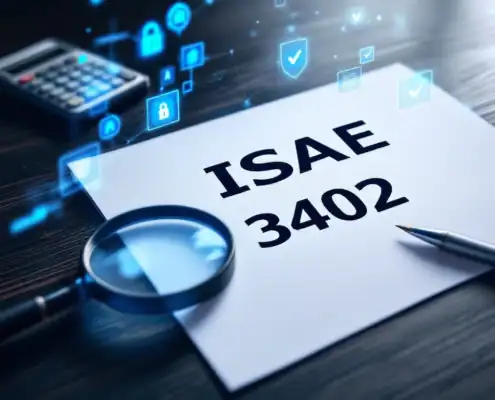 isae-3402-audit-document-compliance-toolsjpg - Hoek en Blok.IT - Hoek en Blok.IT ISAE 3402 auditdocument op donkere houten bureau met vergrootglas, calculator en digitale beveiligingspictogrammen