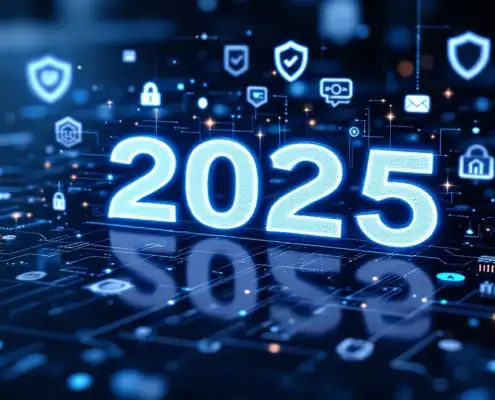 it-audit-compliance-2025-security-interfacejpg - Hoek en Blok.IT - Hoek en Blok.IT Digitale beveiligingsinterface toont "2025" in holografische cijfers met audit compliance iconen en certificeringsbadges