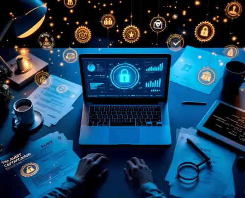 Modern kantoorbureau van bovenaf met laptop die cybersecurity dashboard toont, audit documenten en compliance tablet