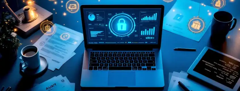 Modern kantoorbureau van bovenaf met laptop die cybersecurity dashboard toont, audit documenten en compliance tablet