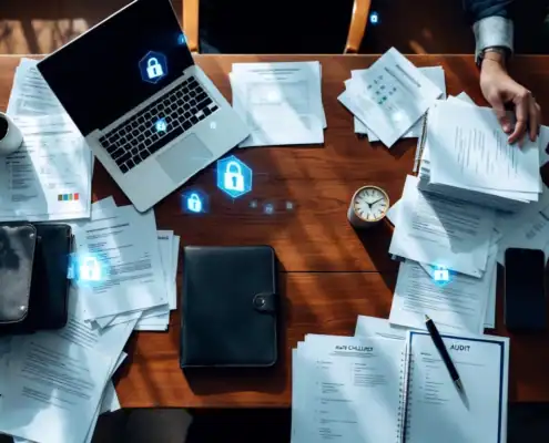 Georganiseerd bureau met auditdocumenten, laptop met compliance-grafieken en digitale beveiligingsiconen