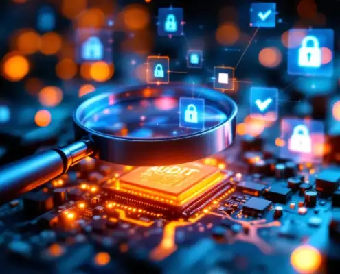 it-security-audit-vergrootglas-analysejpg - Hoek en Blok.IT - Hoek en Blok.IT Vergrootglas over verlichte computercircuitkaart met digitale beveiligingspictogrammen en auditmarkeringen op de achtergrond