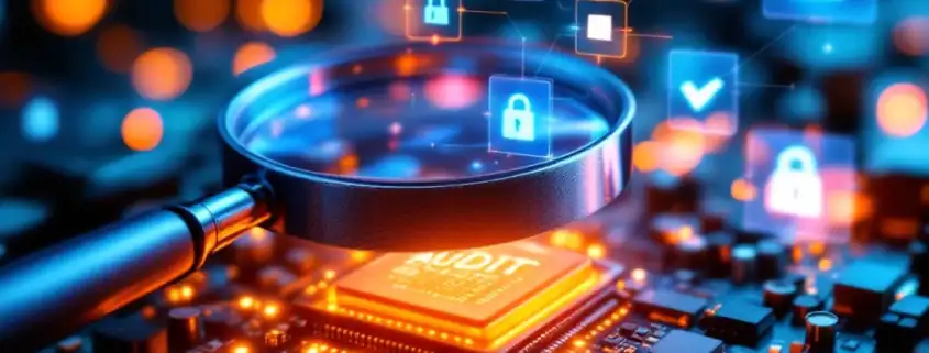 Vergrootglas over verlichte computercircuitkaart met digitale beveiligingspictogrammen en auditmarkeringen op de achtergrond