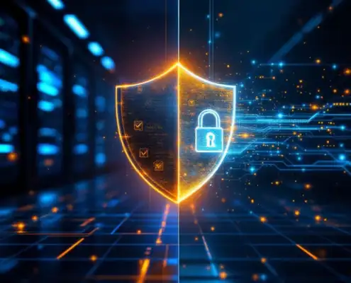 cybersecurity-audit-compliance-data-beschermingjpg - Hoek en Blok.IT - Hoek en Blok.IT Metalen schild met audit-symbolen en digitaal hangslot verbonden door glasvezelkabels in serverruimte