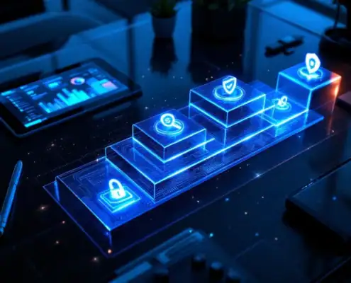 it-security-audit-proces-visualisatie-stappenjpg - Hoek en Blok.IT - Hoek en Blok.IT Vijf verlichte acryl treden met holografische beveiligingssymbolen op modern glazen bureau voor IT-audit visualisatie