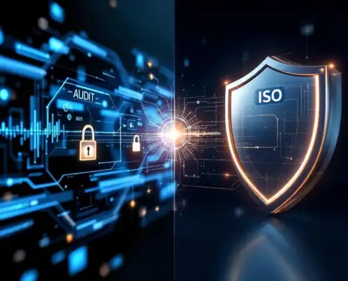security-audit-iso-certificering-frameworksjpg - Hoek en Blok.IT - Hoek en Blok.IT Digitale audit-interface en beveiligingsschild met ISO-certificering verbonden door lichtbrug in professioneel IT-ontwerp