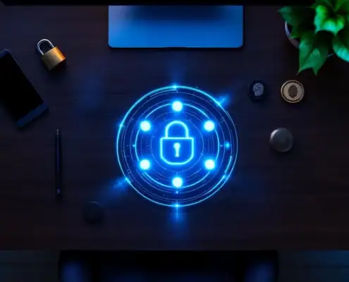 Vijf beveiligingsobjecten in cirkel op houten bureau: digitaal schild, hangslot, stempel, vinkje en vingerafdrukscanner
