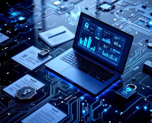 Beveiligingsoperatiecentrum bureau met laptop met compliance dashboards, auditdocumenten en digitale certificeringen