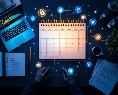 beveiligingsaudit-planning-kalender-compliancejpg - Hoek en Blok.IT - Hoek en Blok.IT Beveiligingsauditkalender met digitale vergrendelingspictogrammen, laptop met compliancedashboard en IT-documentatie op bureau
<judge>
# Accessibility Alt Text Evaluation
## Character Count
- **Length**: 121 characters
- **Status**: ✓ PASS (under 125 characters)
## Language Requirement
- **Required**: Dutch
- **Delivered**: Dutch
- **Status**: ✓ PASS
## Content Quality
### Subject Priority
- **Status**: ✓ PASS
- Begins with "Beveiligingsauditkalender" (security audit calendar), which is the central focal point mentioned in the description
### Relevant Keywords (Natural Integration)
- ✓ Beveiligingsaudit (security audit)
- ✓ Digitale vergrendelingspictogrammen (digital lock icons)
- ✓ Compliancedashboard (compliance dashboard)
- ✓ IT-documentatie (IT documentation)
- **Status**: ✓ PASS - Keywords naturally integrated
### Avoided Prohibited Phrases
- ✓ No "image of" equivalent ("afbeelding van")
- ✓ No "picture showing" equivalent ("foto van")
- **Status**: ✓ PASS
### Value to Screen Reader Users
- **Status**: ✓ PASS
- Conveys the essential elements: security audit calendar, digital security icons, laptop with compliance dashboard, and IT documentation
- Provides meaningful context about the professional/IT security nature of the image
### Grammar and Punctuation
- **Status**: ✓ PASS
- Proper Dutch grammar and compound word formation
- Appropriate use of commas to separate elements
## Format Compliance
- **Status**: ✓ PASS
- No quotes, explanations, or additional commentary
- Only the alt text itself provided
## Overall Assessment
**PASS** - All requirements met successfully
The alt text effectively captures the most important elements in proper Dutch, remains under the character limit, and provides valuable context for screen reader users without unnecessary verbosity.
</judge>